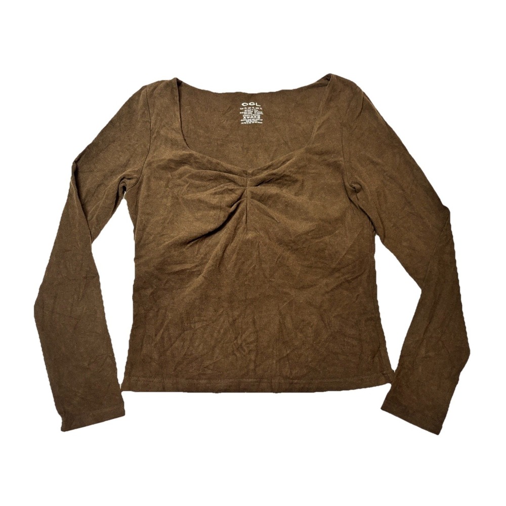 OGL Girls Brown Fitted Long Sleeve Top Shirt Sweetheart Neck Active Youth XL